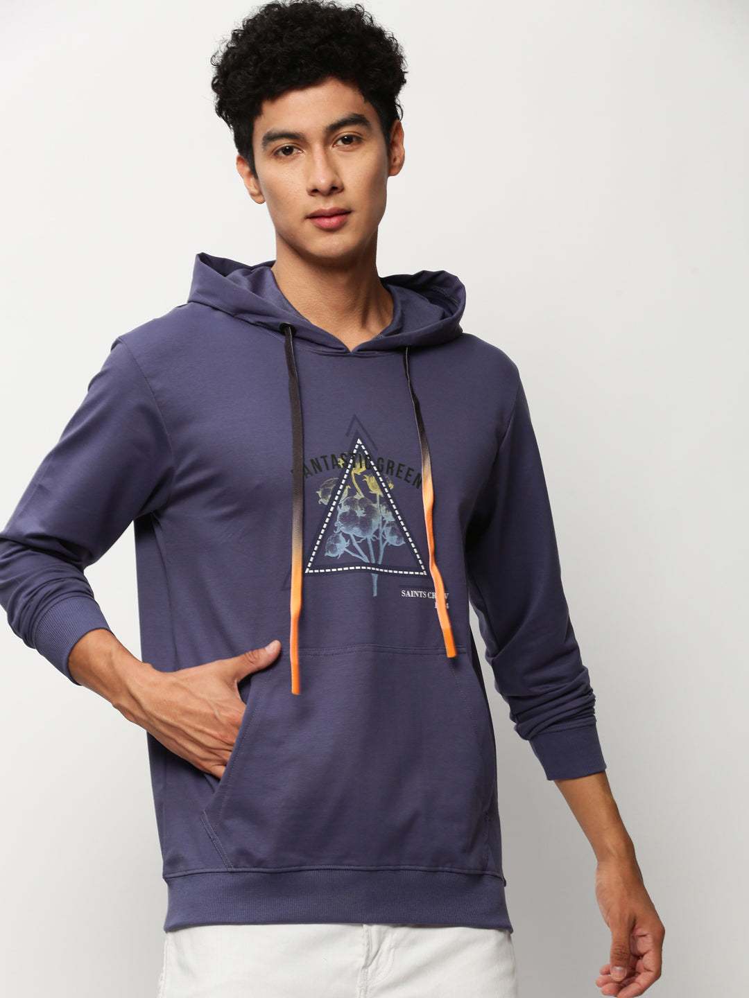 Men's Purple Graphic Printed Hooded Pullover Cotton Sweatshirt