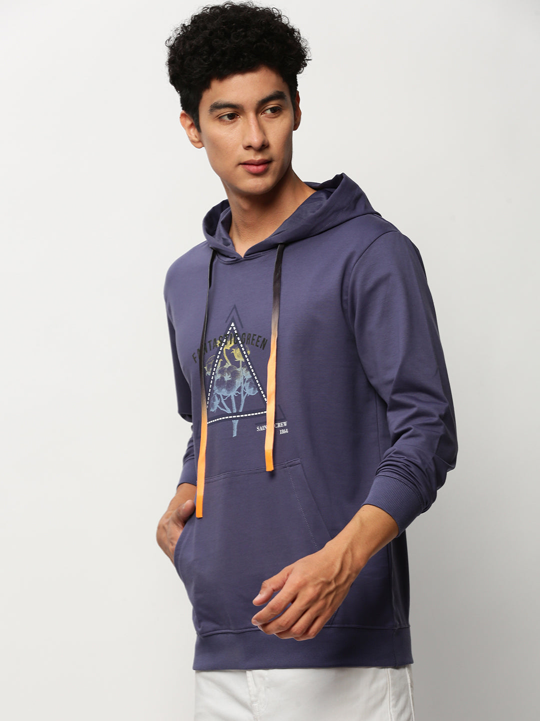 Men's Purple Graphic Printed Hooded Pullover Cotton Sweatshirt