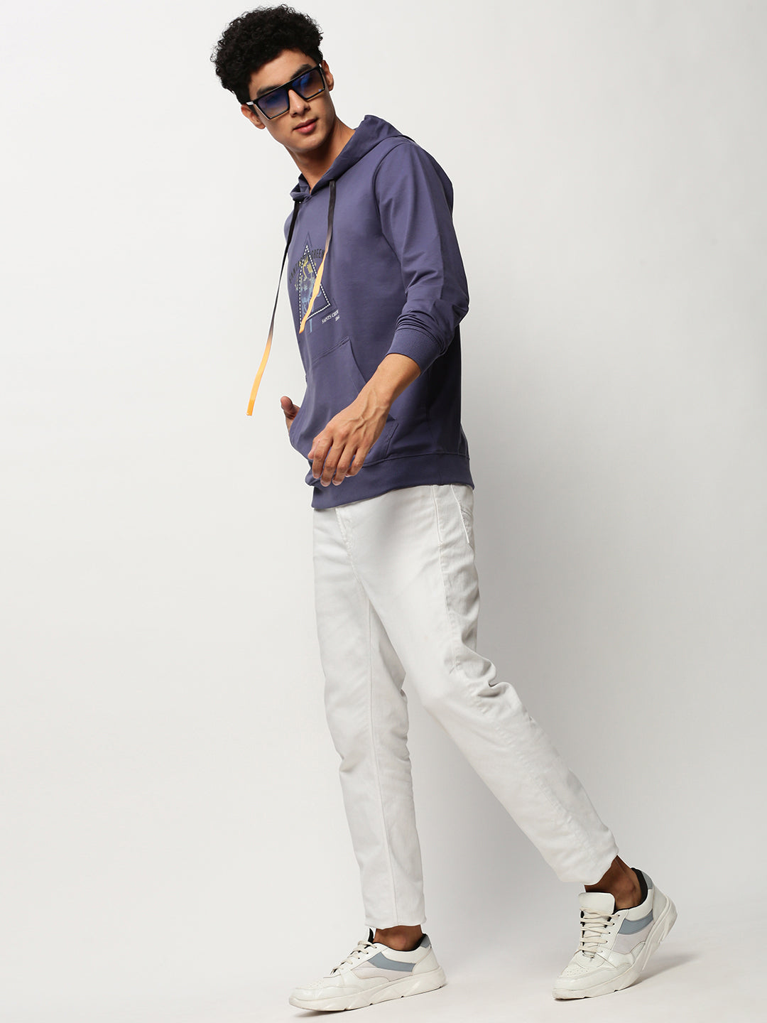 Men's Purple Graphic Printed Hooded Pullover Cotton Sweatshirt