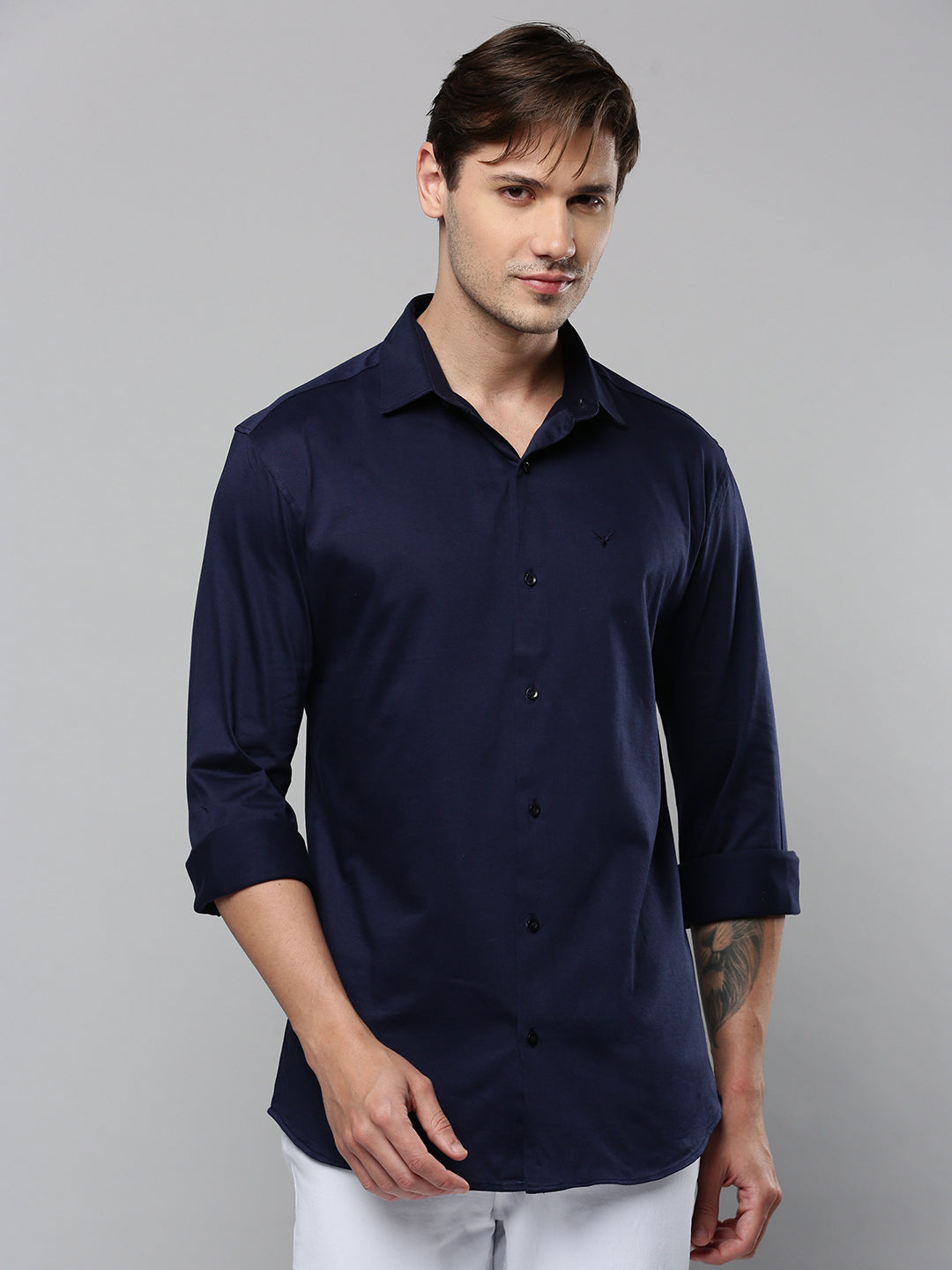 Men Navy Solid Casual Shirt