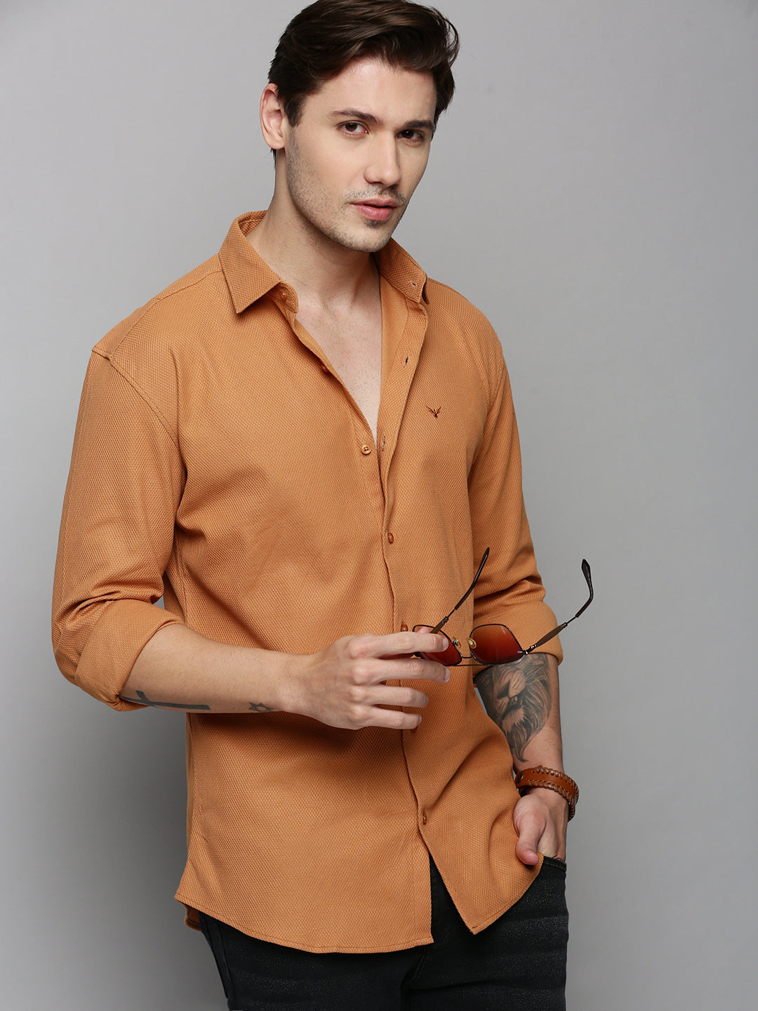 Men Brown Solid Casual Shirt