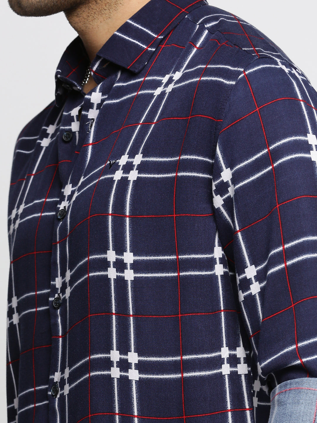 Men Navy Blue Spread Collar Windowpane Checks Shirt