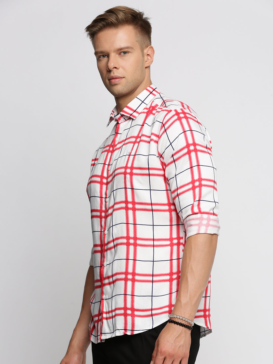 Men White Spread Collar Windowpane Checks Shirt