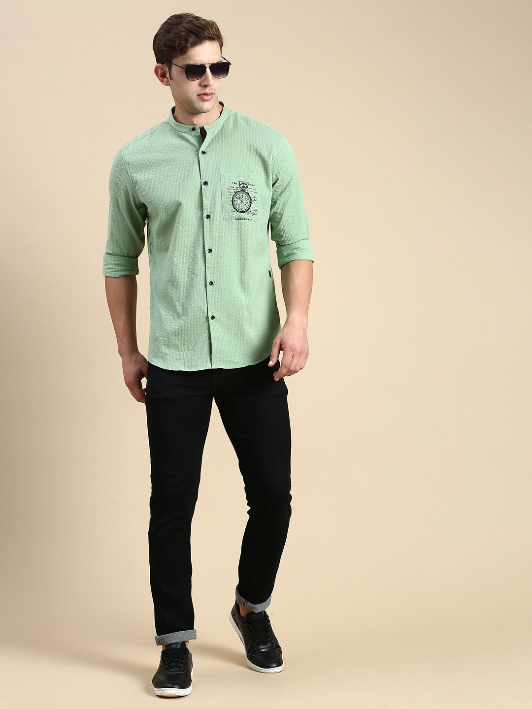 Men Green Solid Casual Shirt