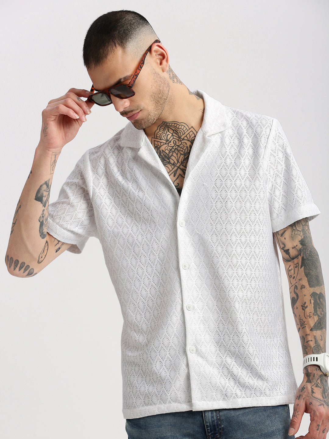 Men's Cuban Collar Solid White Crochet Shirt