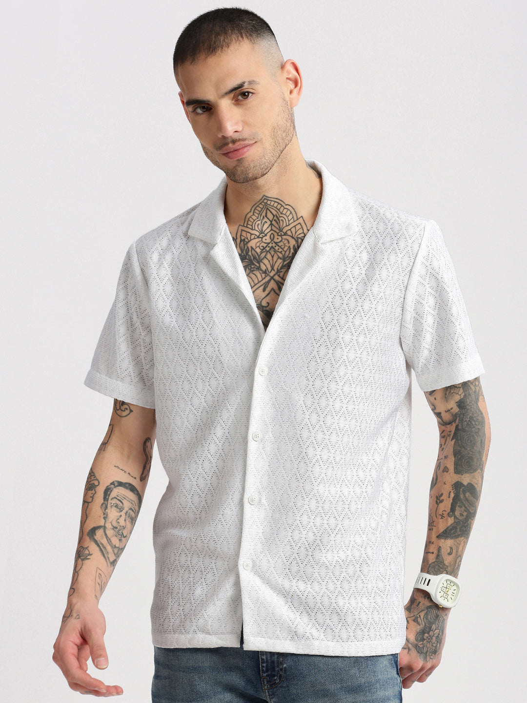 Men's Cuban Collar Solid White Crochet Shirt