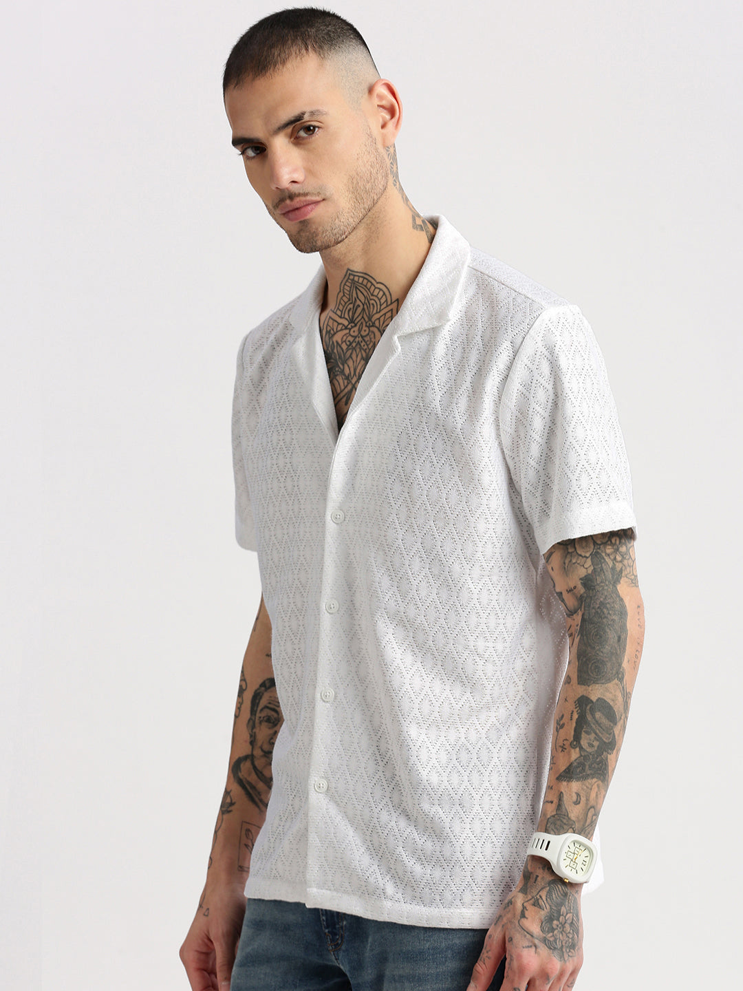 Men's Cuban Collar Solid White Crochet Shirt