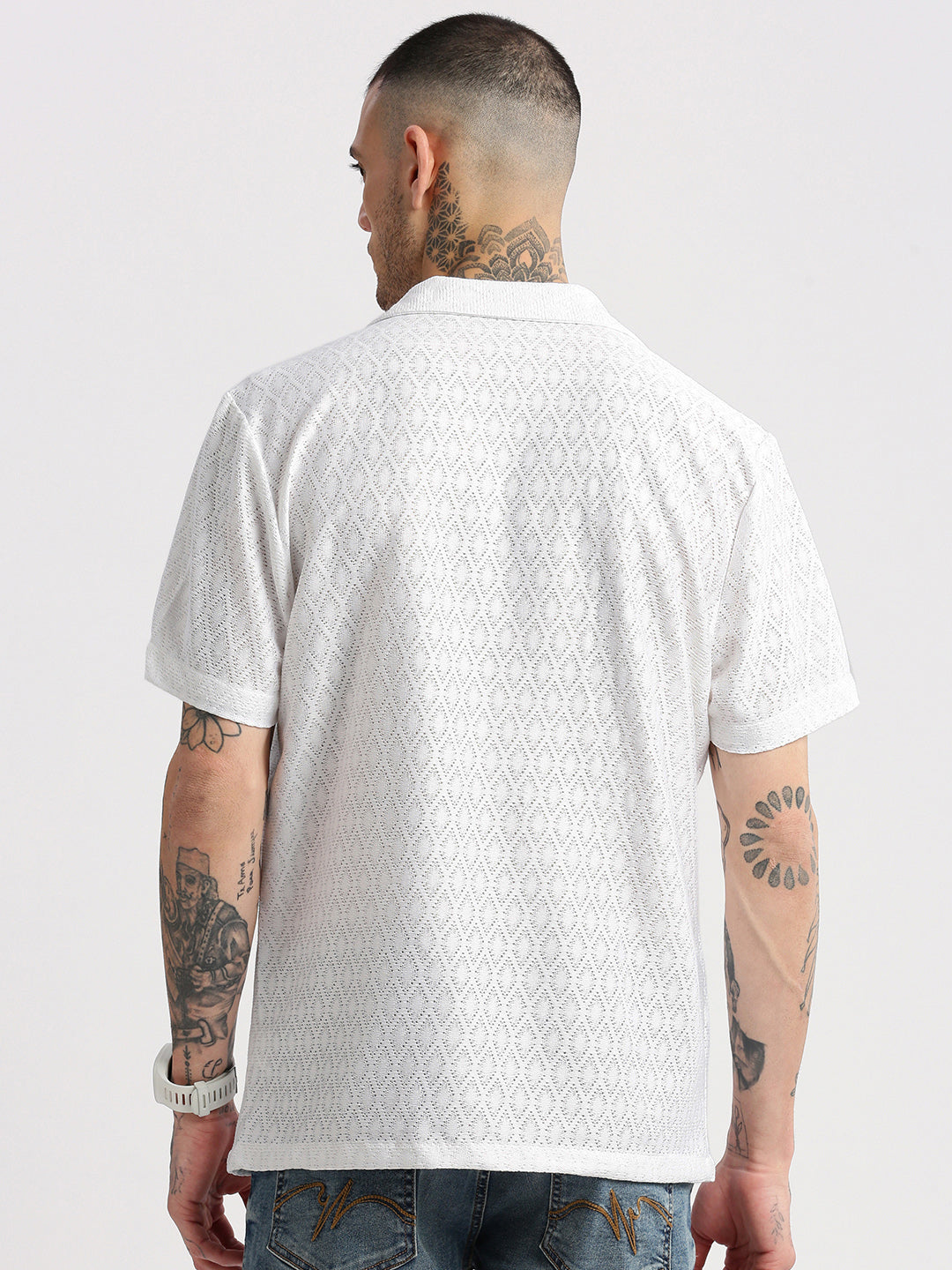 Men's Cuban Collar Solid White Crochet Shirt