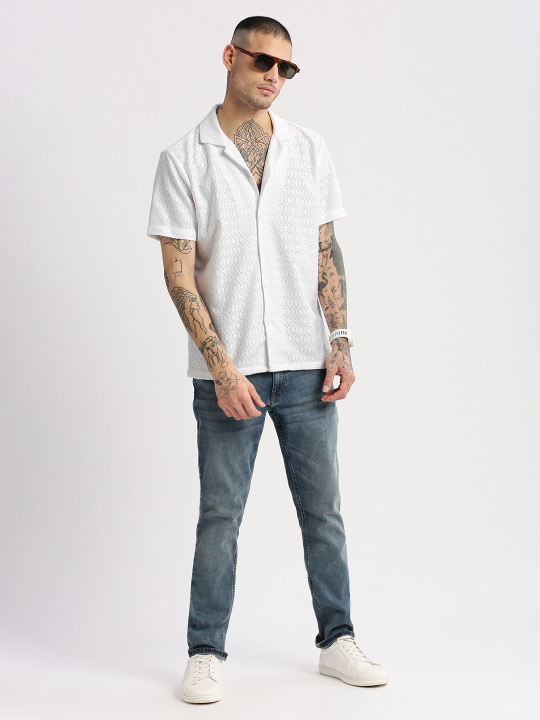 Men's Cuban Collar Solid White Crochet Shirt