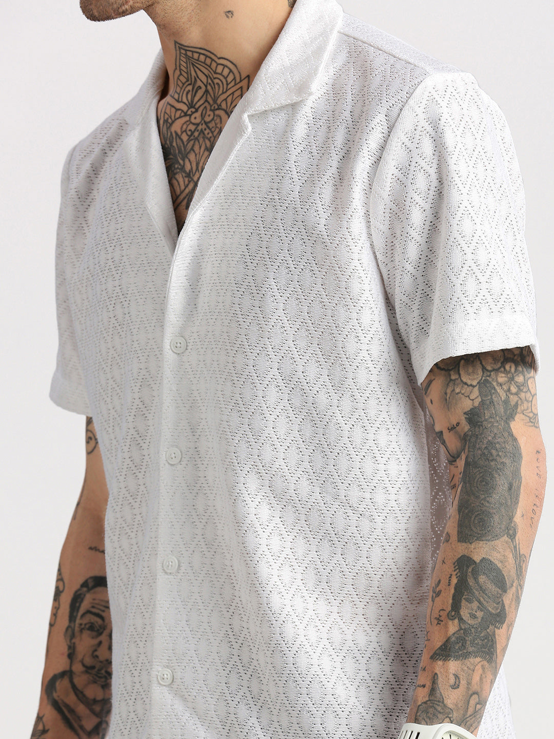 Men's Cuban Collar Solid White Crochet Shirt