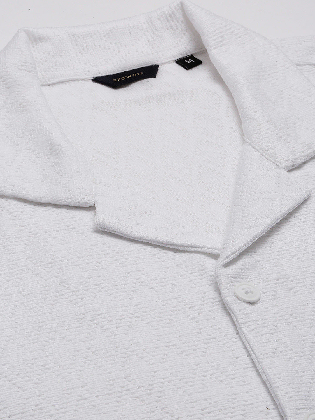 Men's Cuban Collar Solid White Crochet Shirt