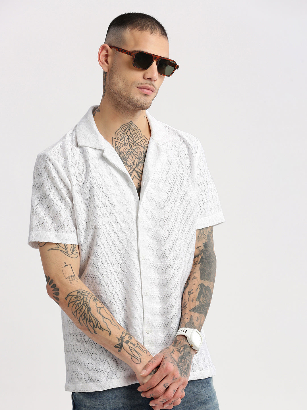Men's Cuban Collar Solid White Crochet Shirt