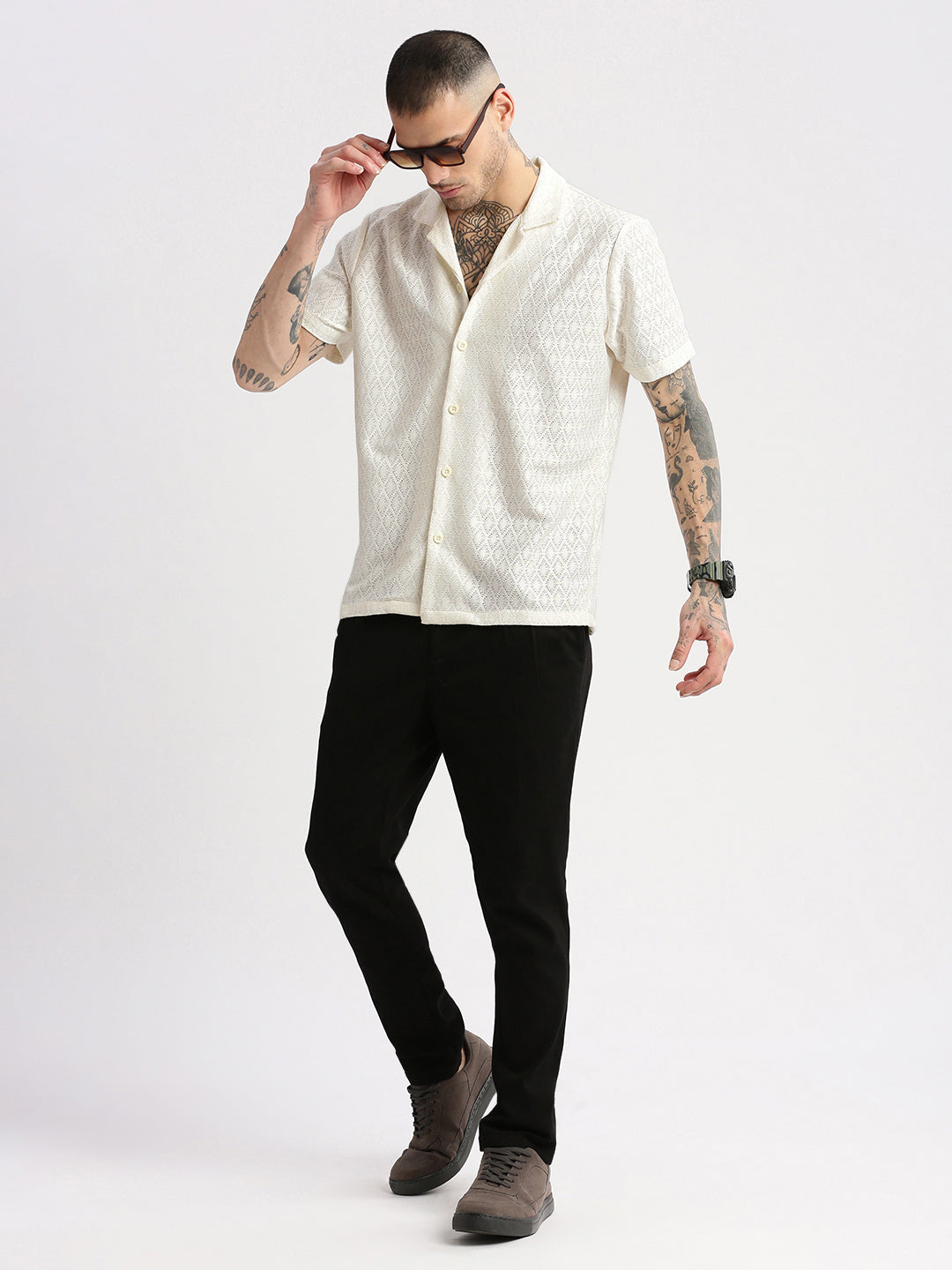 Men Cuban Collar Solid Cream Crochet Shirt