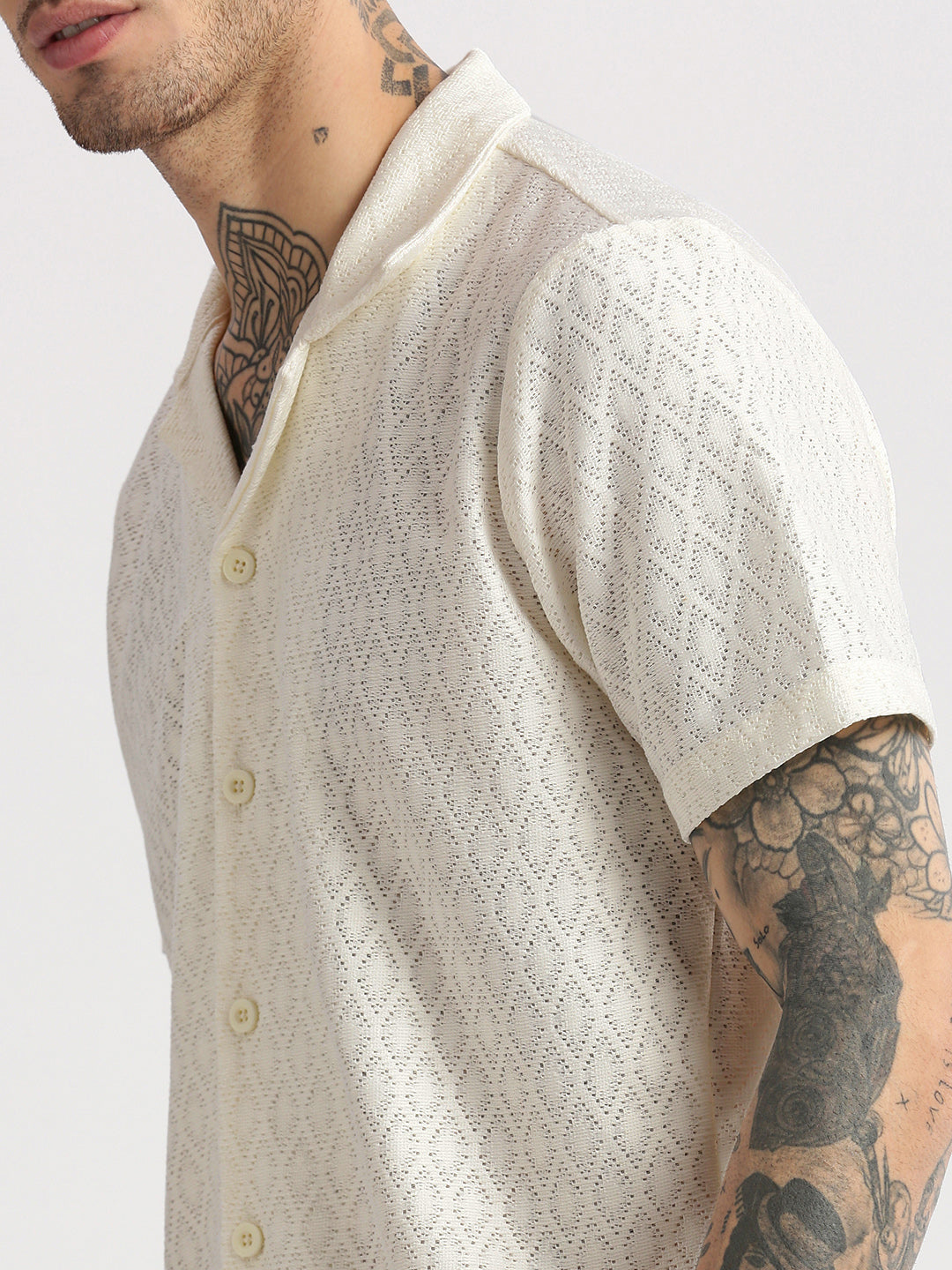 Men Cuban Collar Solid Cream Crochet Shirt