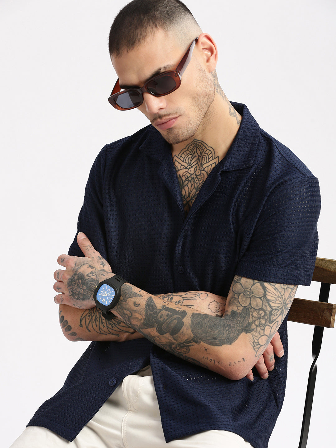 Men Cuban Collar Solid Navy Blue Crochet Shirt