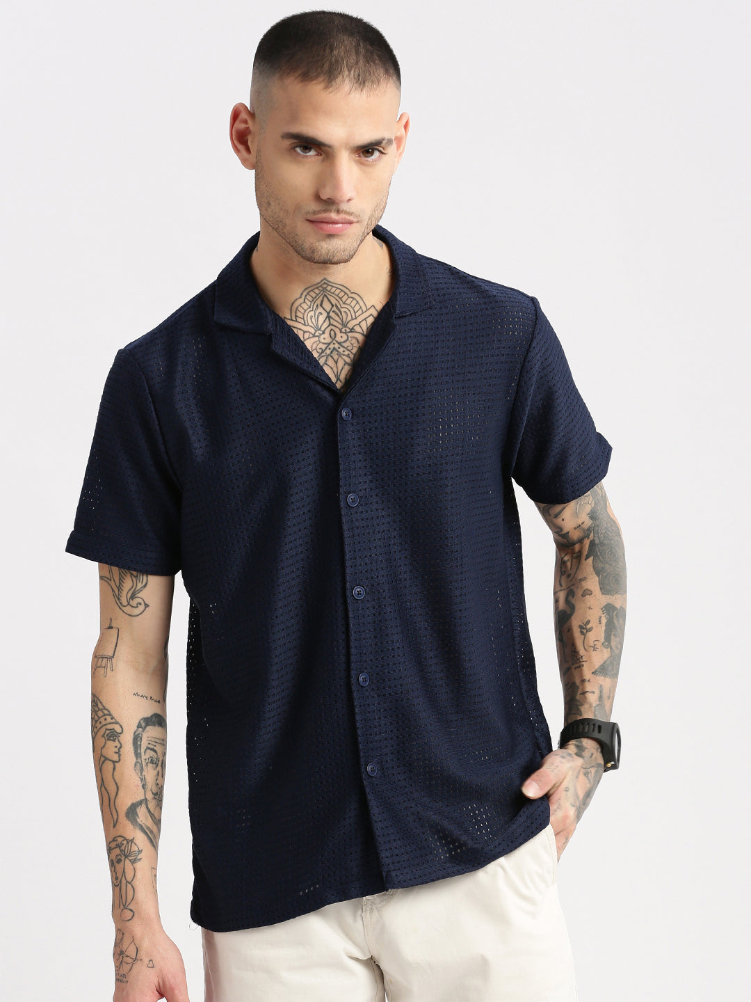 Men Cuban Collar Solid Navy Blue Crochet Shirt