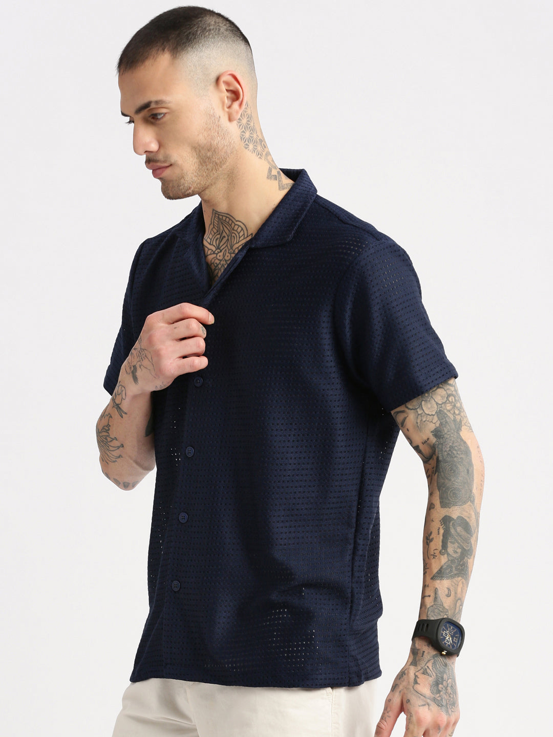 Men Cuban Collar Solid Navy Blue Crochet Shirt