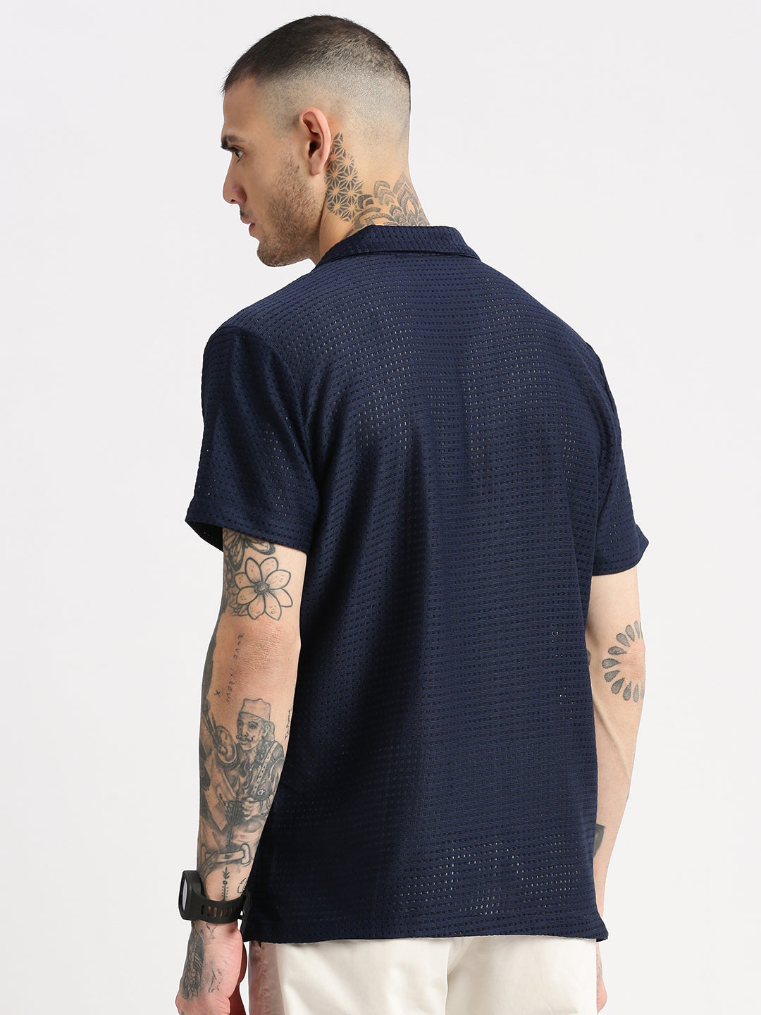 Men Cuban Collar Solid Navy Blue Crochet Shirt