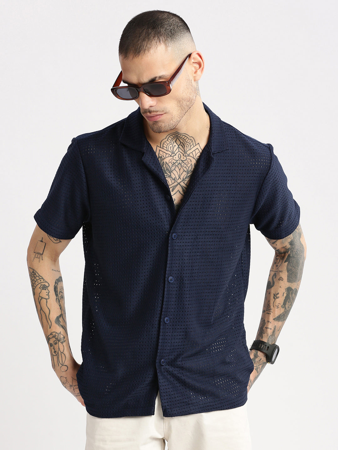 Men Cuban Collar Solid Navy Blue Crochet Shirt