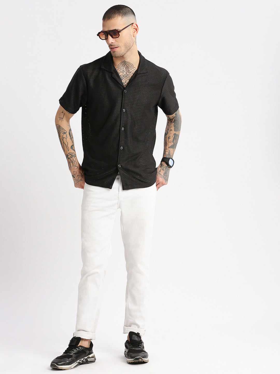 Men Cuban Collar Solid Black Crochet Shirt