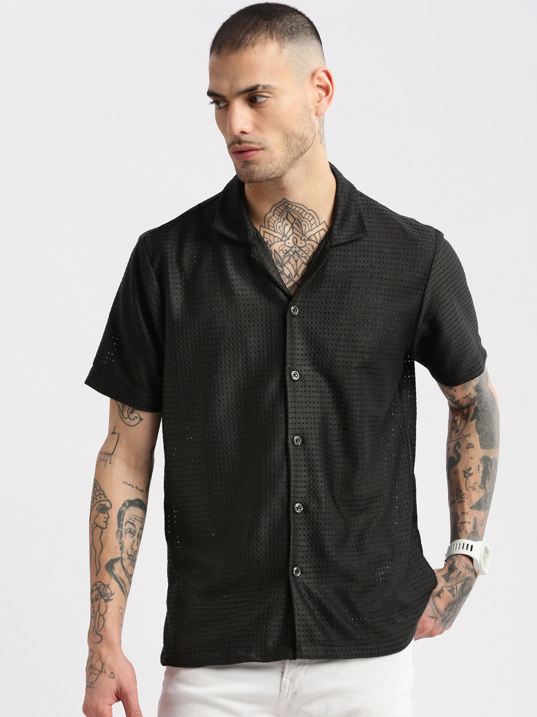 Men Cuban Collar Solid Black Crochet Shirt