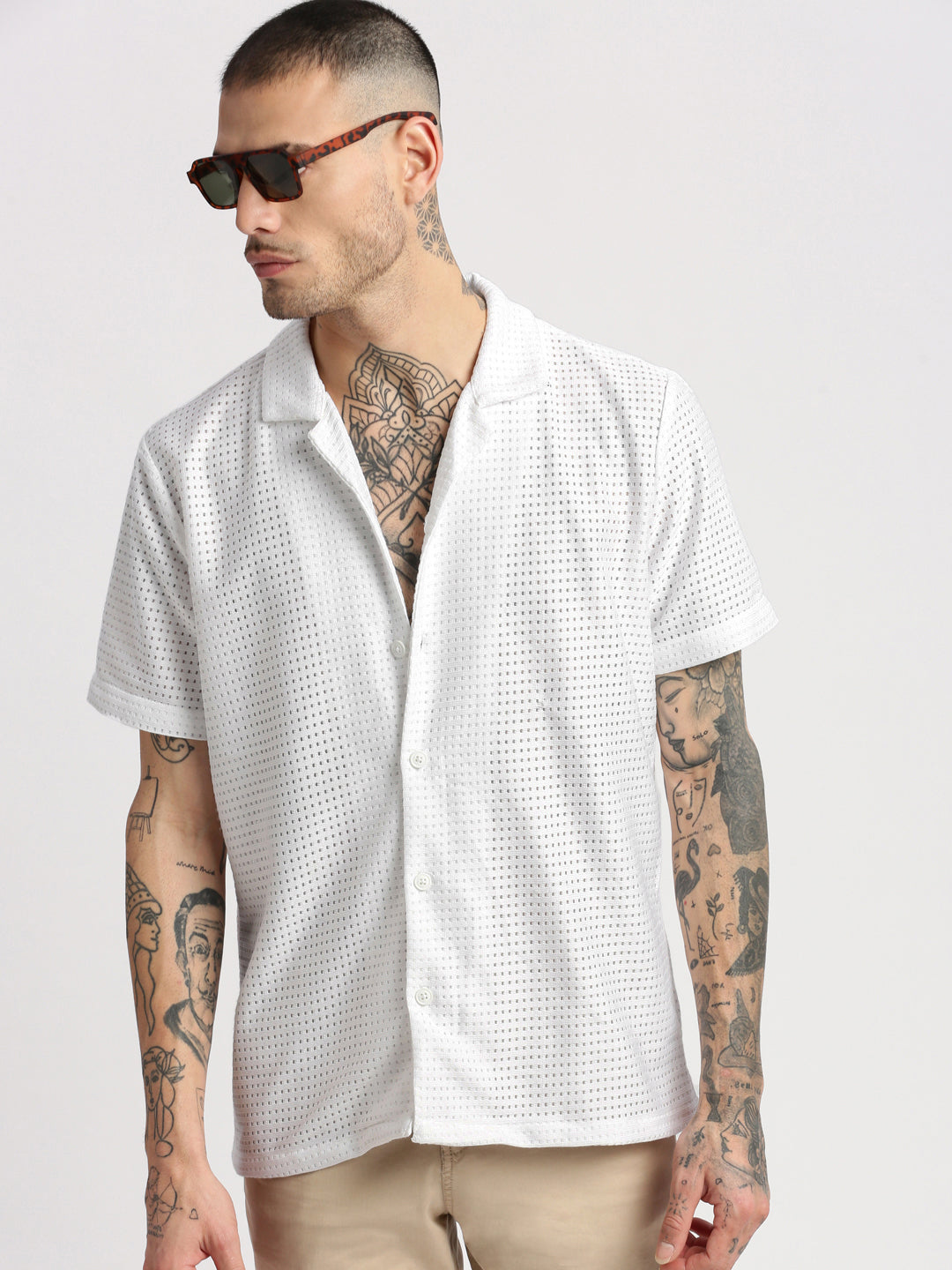 Men Cuban Collar Solid White Crochet Shirt