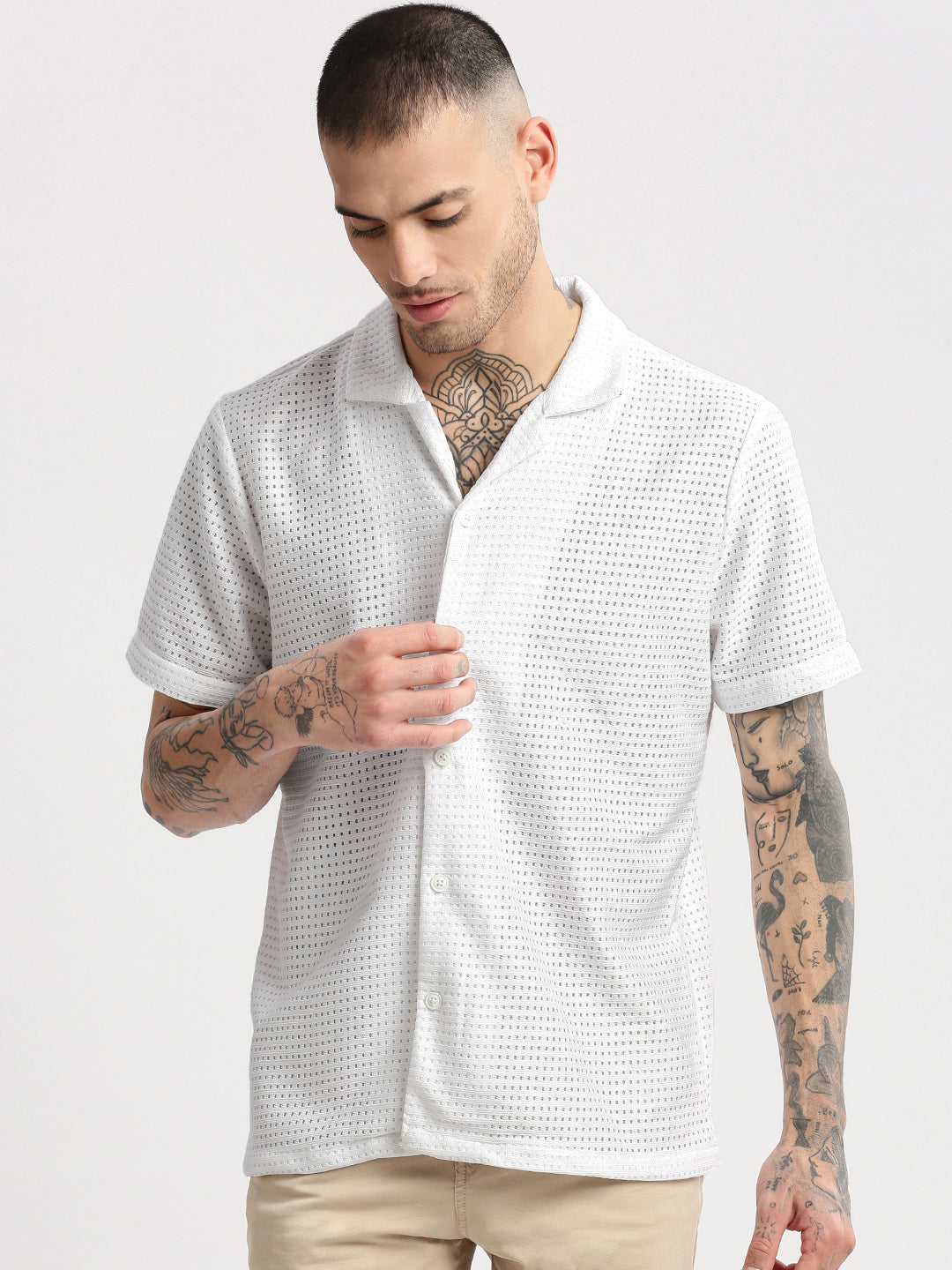 Men Cuban Collar Solid White Crochet Shirt