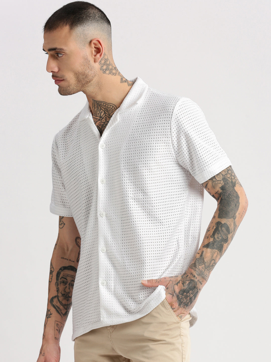 Men Cuban Collar Solid White Crochet Shirt