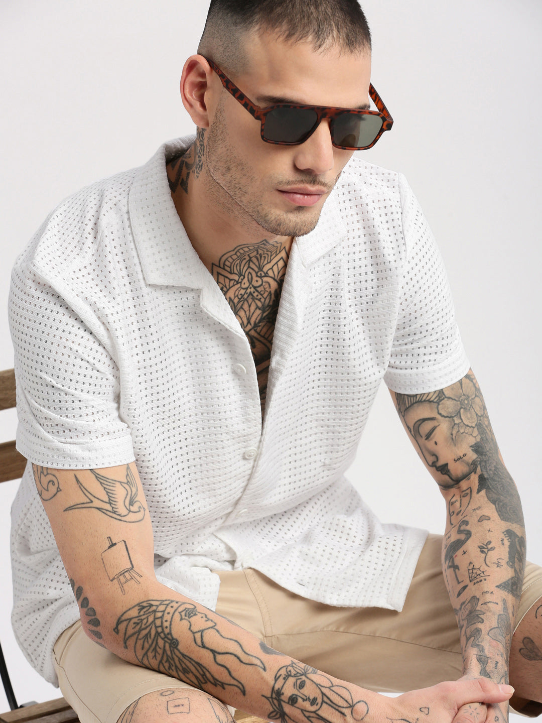 Men Cuban Collar Solid White Crochet Shirt