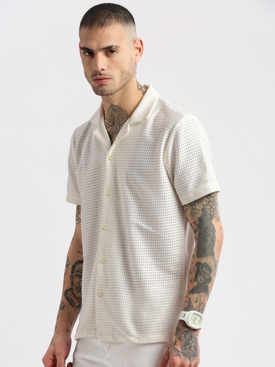 Men Cuban Collar Solid Cream Crochet Shirt