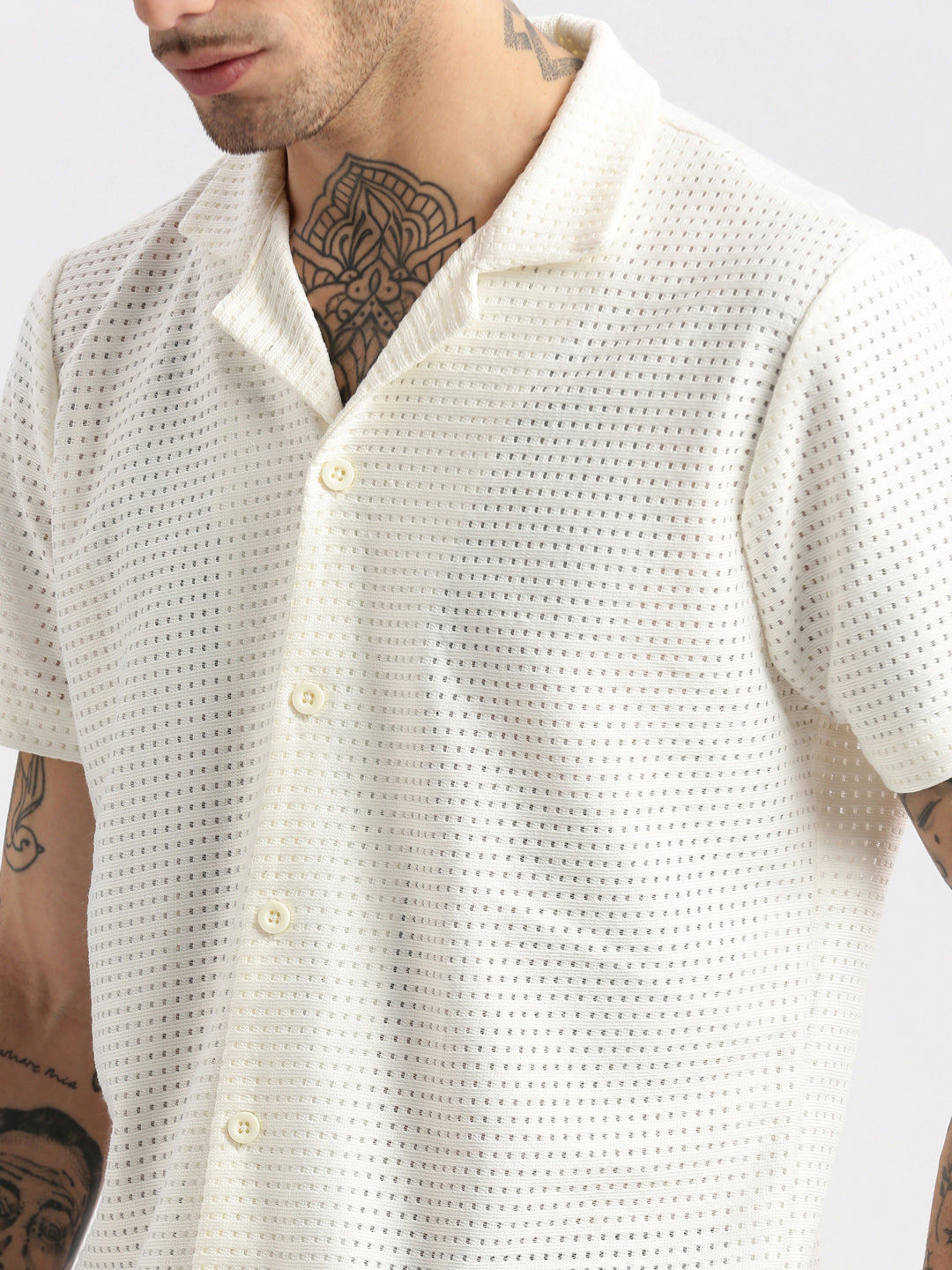 Men Cuban Collar Solid Cream Crochet Shirt