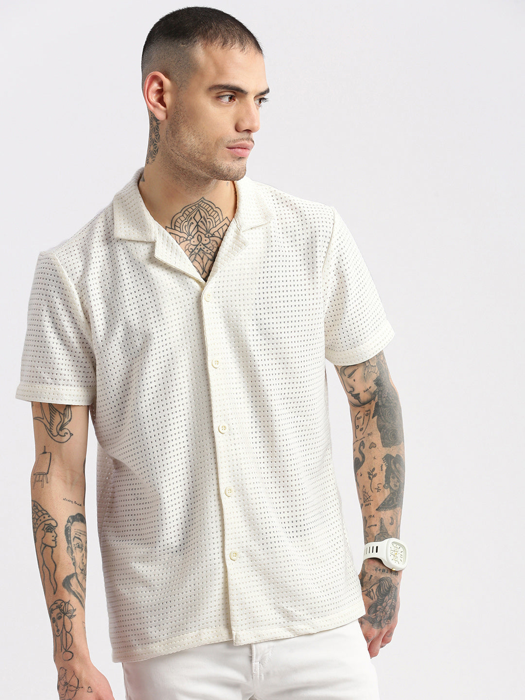 Men Cuban Collar Solid Cream Crochet Shirt