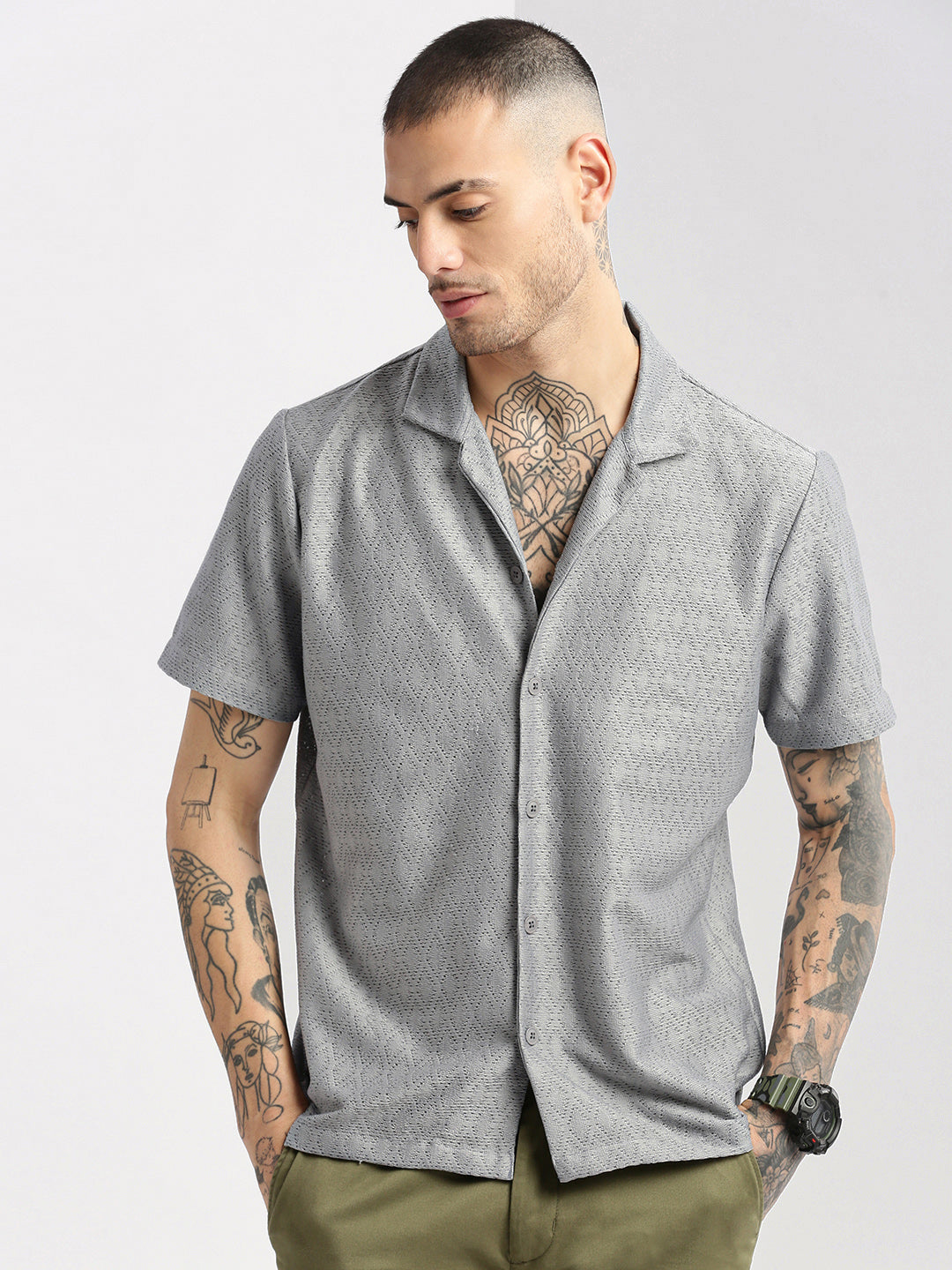 Men Cuban Collar Solid Grey Crochet Shirt