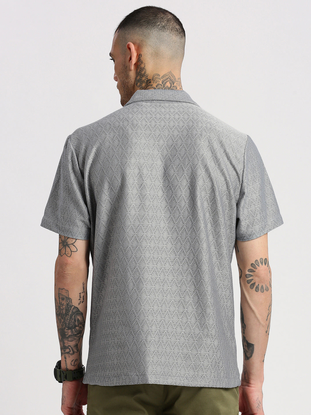 Men Cuban Collar Solid Grey Crochet Shirt