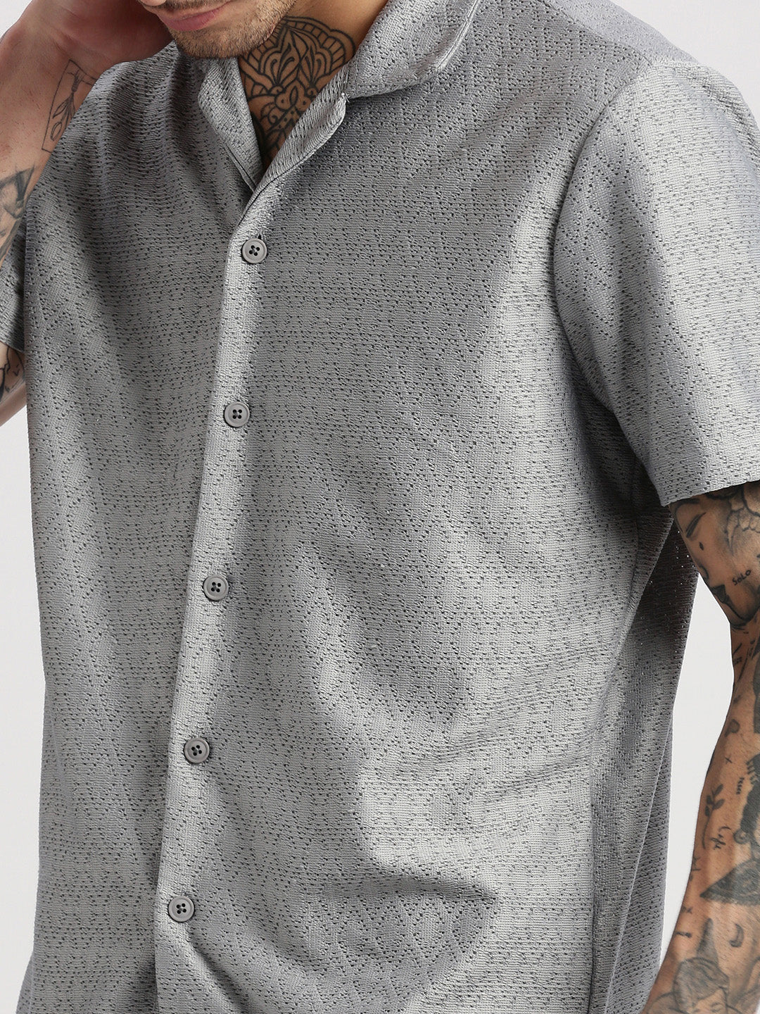 Men Cuban Collar Solid Grey Crochet Shirt