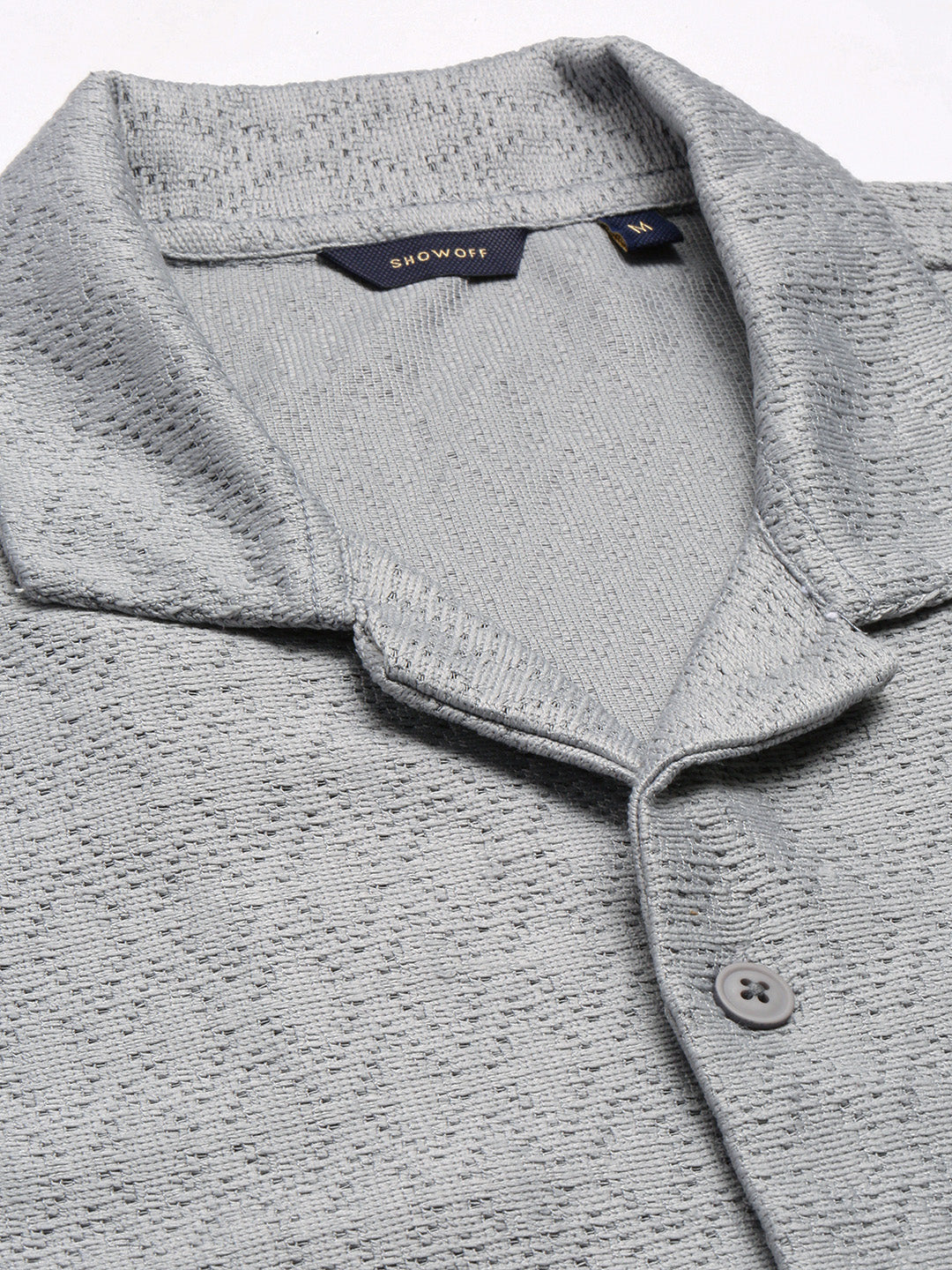 Men Cuban Collar Solid Grey Crochet Shirt