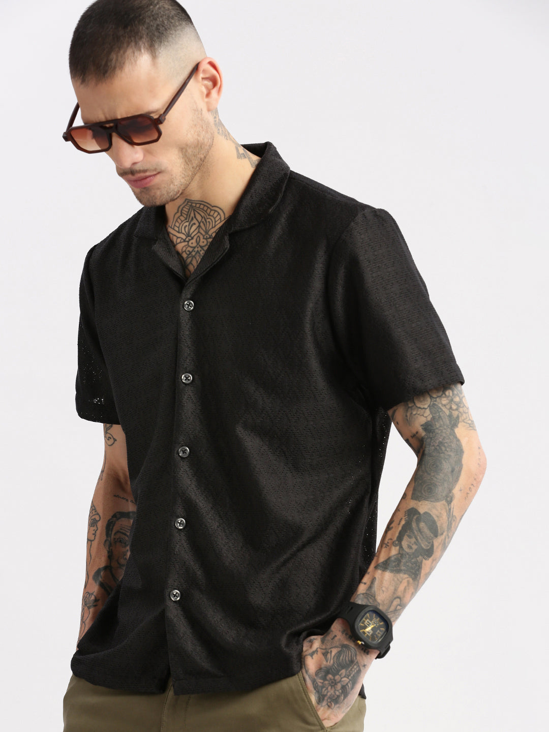 Men Cuban Collar Solid Black Crochet Shirt