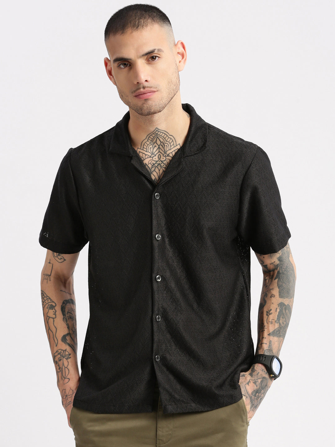 Men Cuban Collar Solid Black Crochet Shirt