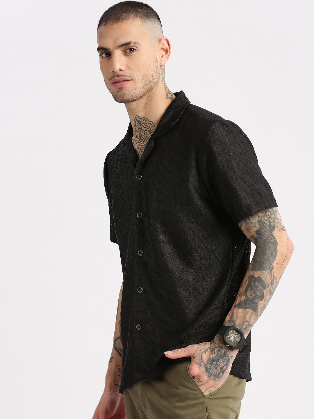 Men Cuban Collar Solid Black Crochet Shirt