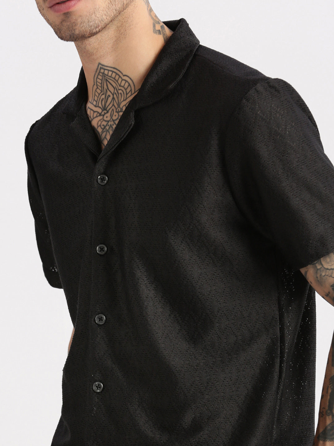 Men Cuban Collar Solid Black Crochet Shirt