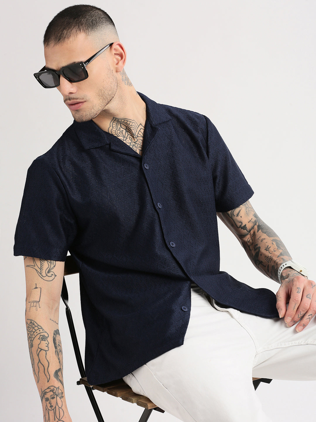 Men Cuban Collar Solid Navy Blue Crochet Shirt