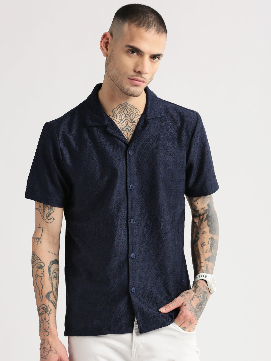 Men Cuban Collar Solid Navy Blue Crochet Shirt