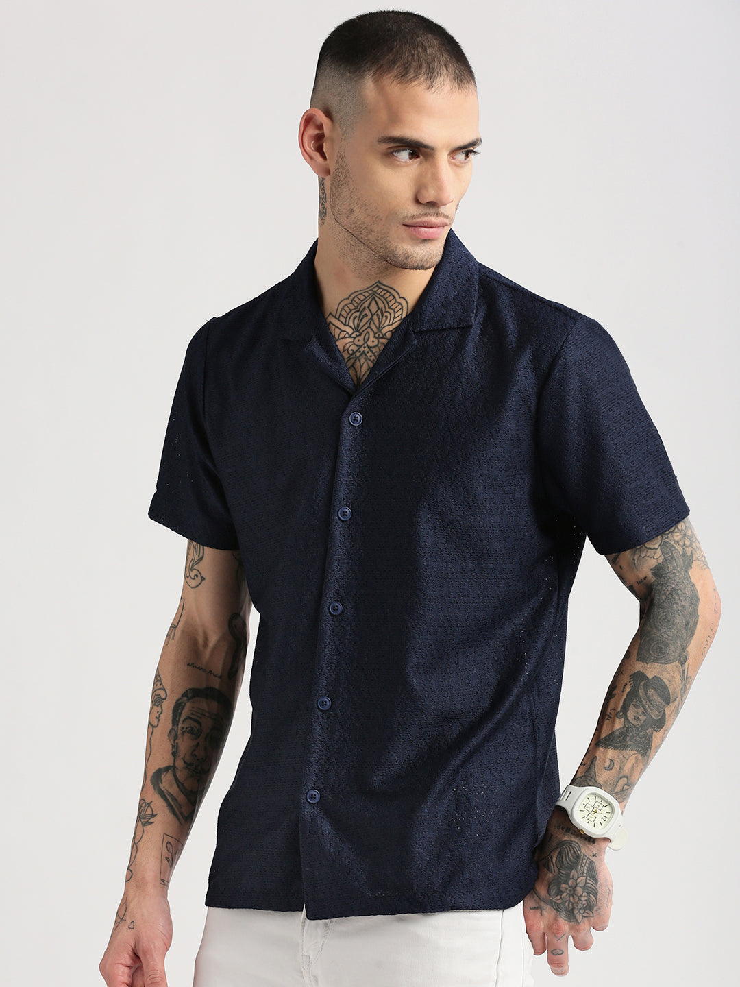 Men Cuban Collar Solid Navy Blue Crochet Shirt