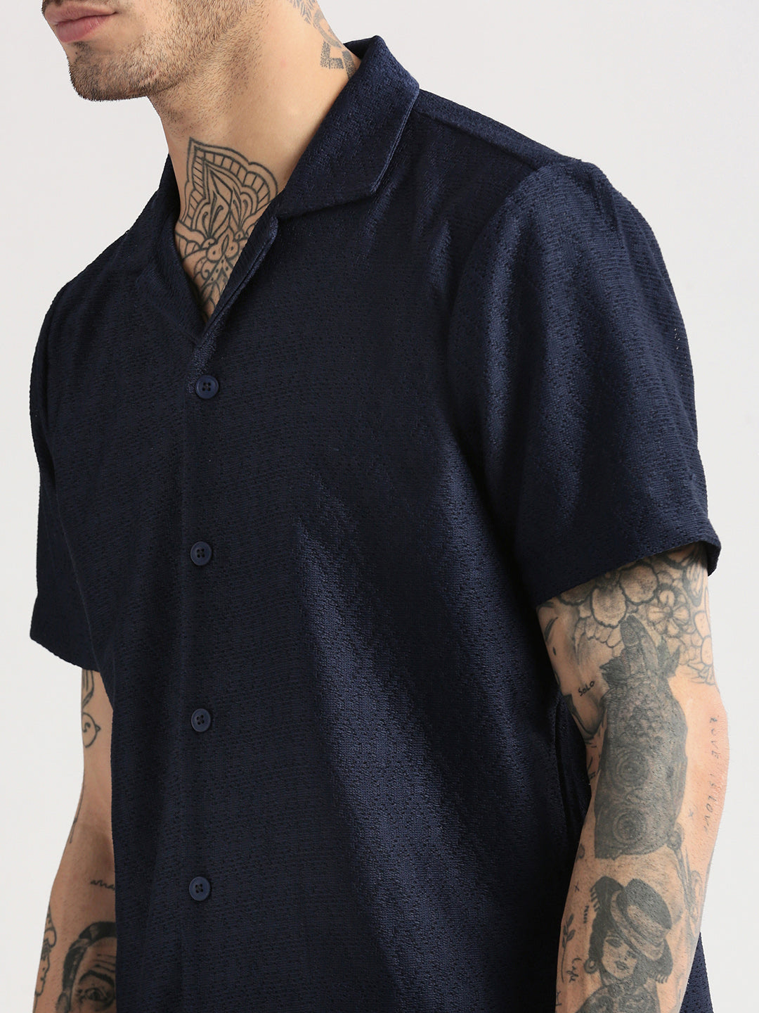 Men Cuban Collar Solid Navy Blue Crochet Shirt