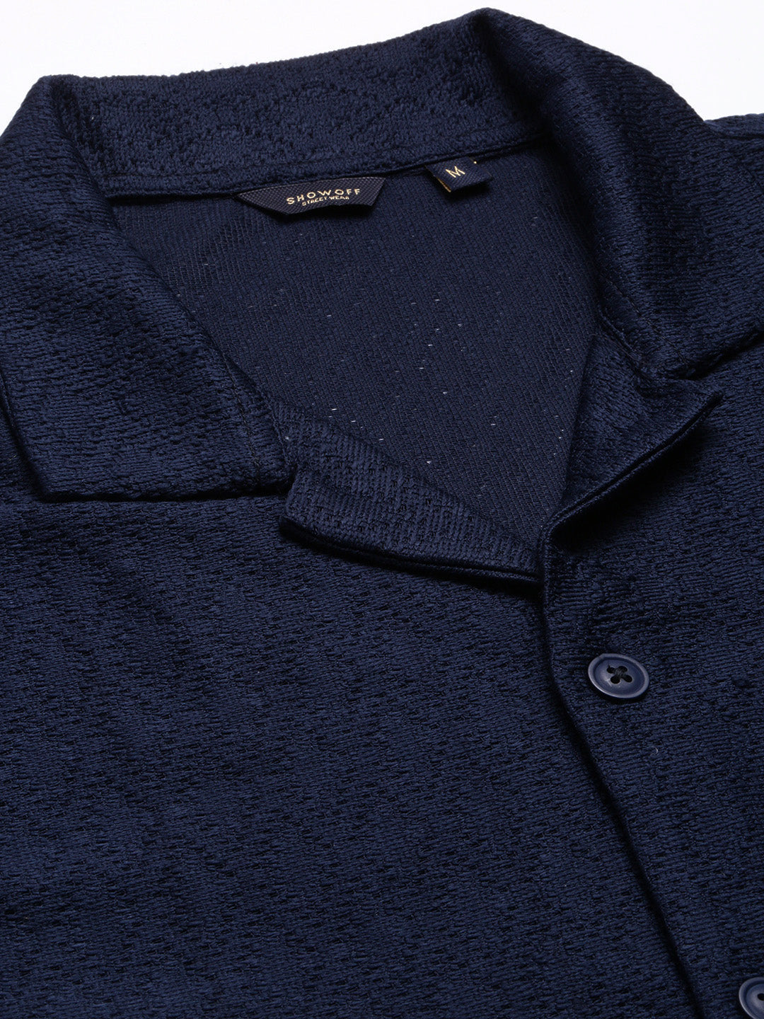 Men Cuban Collar Solid Navy Blue Crochet Shirt