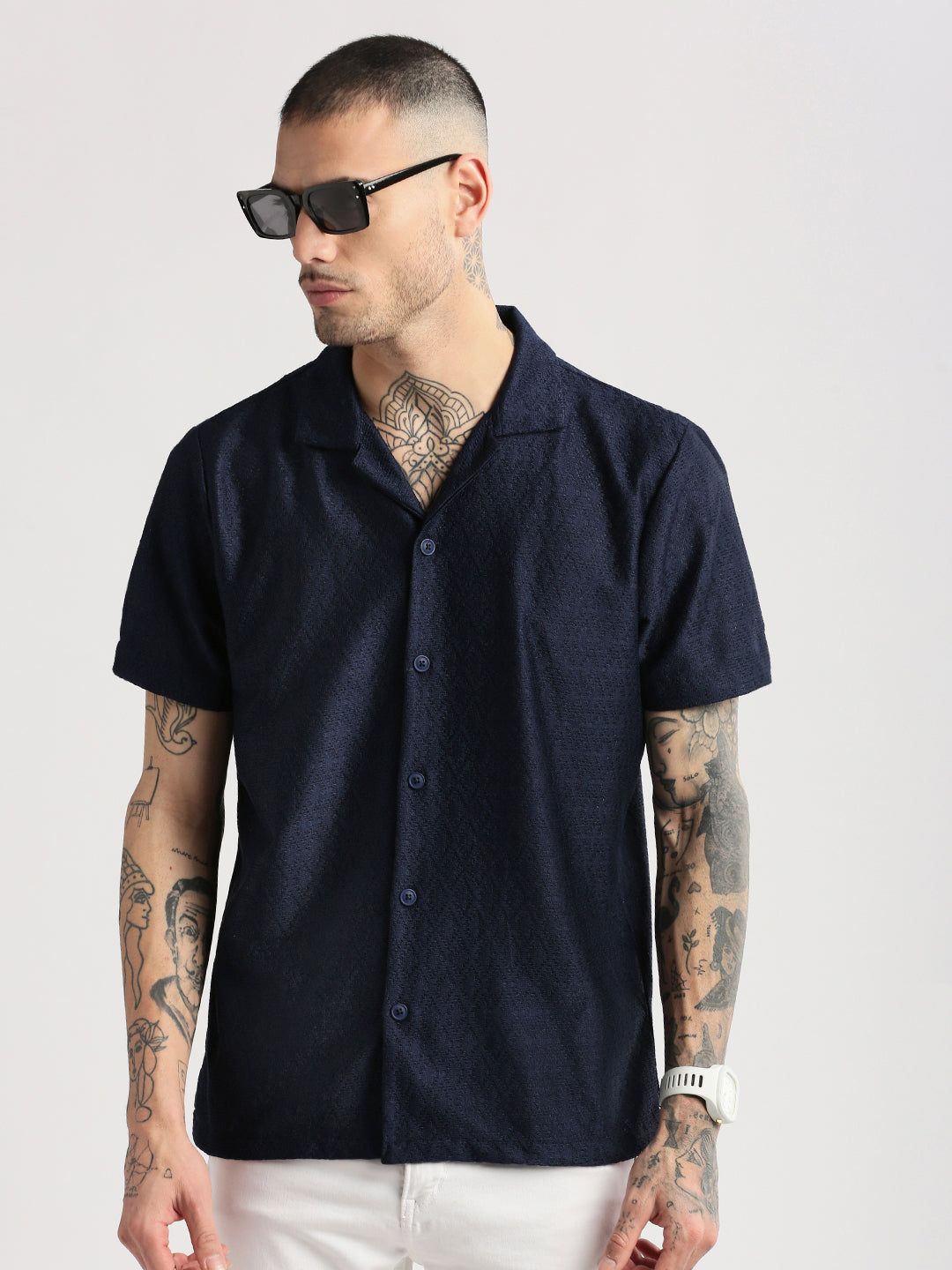 Men Cuban Collar Solid Navy Blue Crochet Shirt