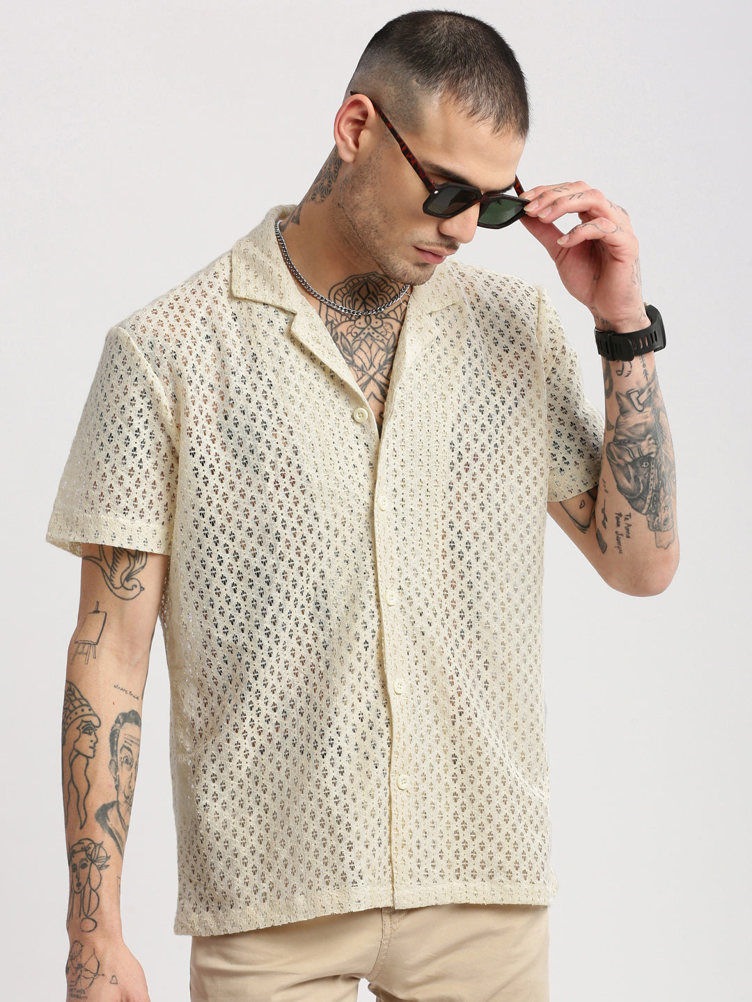 Men's Cuban Collar Solid Cream Crochet Shirt