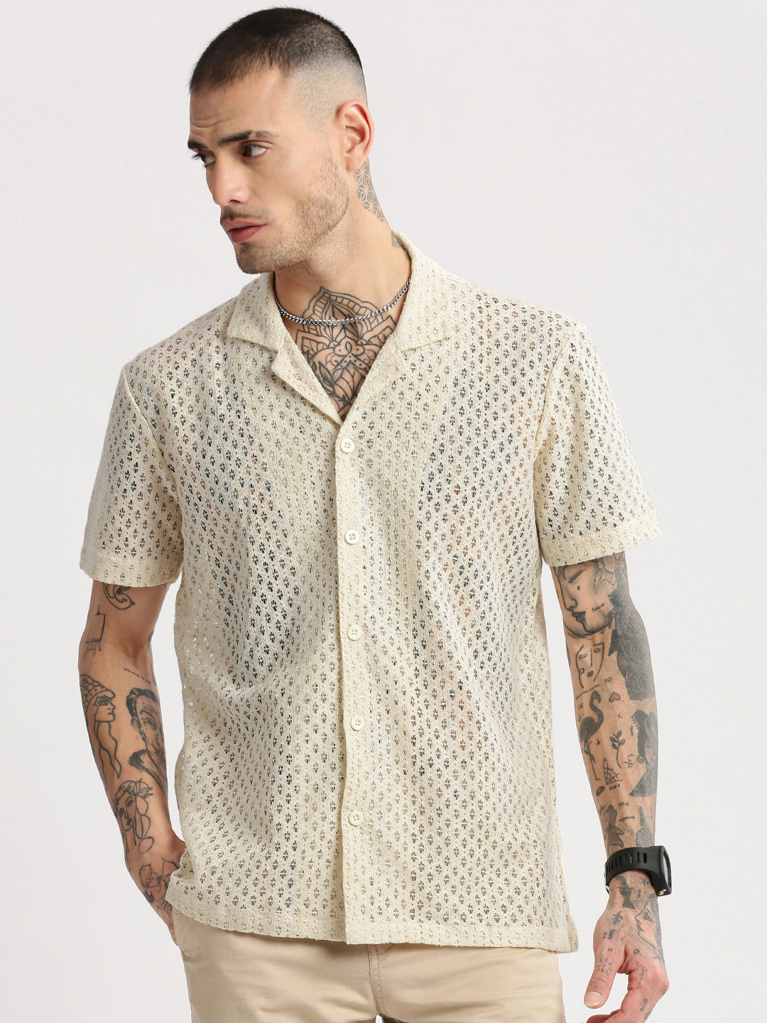 Men's Cuban Collar Solid Cream Crochet Shirt