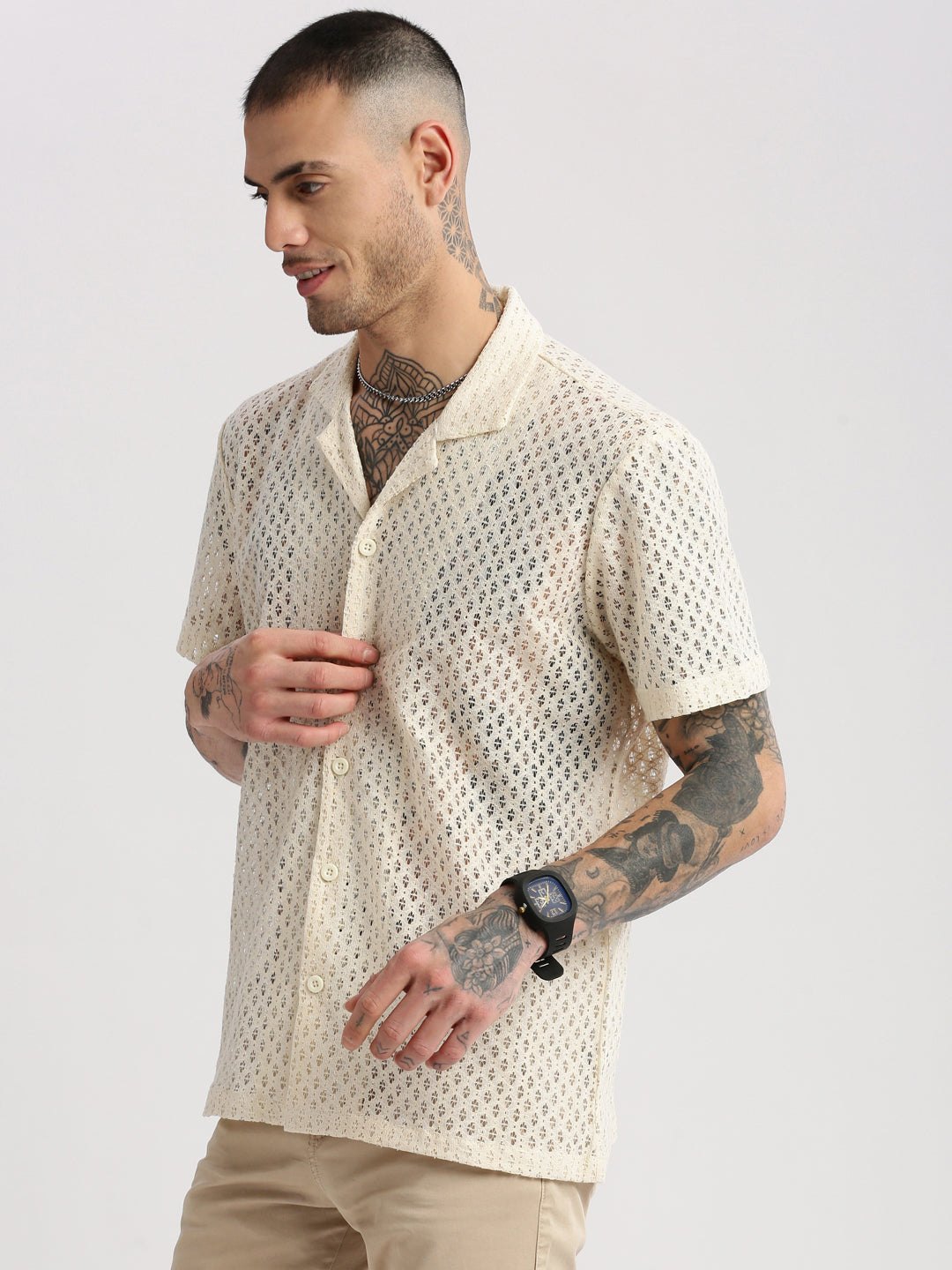 Men's Cuban Collar Solid Cream Crochet Shirt