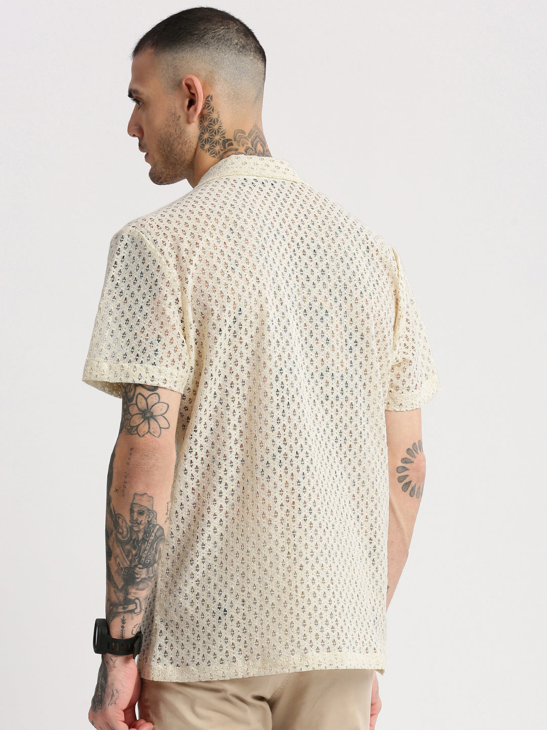Men's Cuban Collar Solid Cream Crochet Shirt